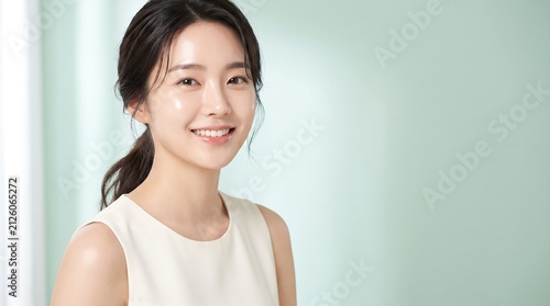 Smiling beautiful Asian woman with glowing clear skin for beauty skincare brand banner marketing advertising copy space