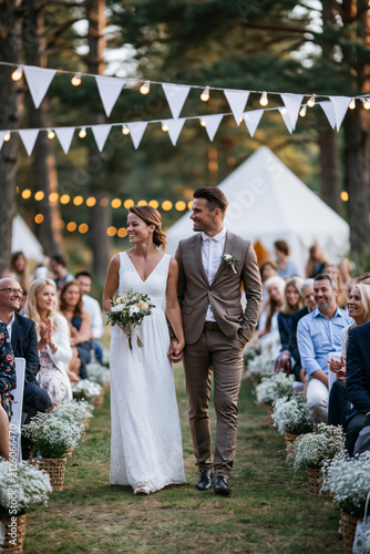Captivating outdoor bridal event celebration beneath tall trees, beautifully decorated aisle, smiling guests, romantic warm season atmosphere