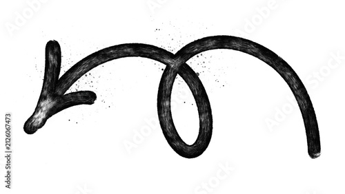 Looping downward arrow graffiti tag displays curved spiral grunge spray paint texture with splatter distress elements. Urban street art hand drawn directional sign for graphic clip art.