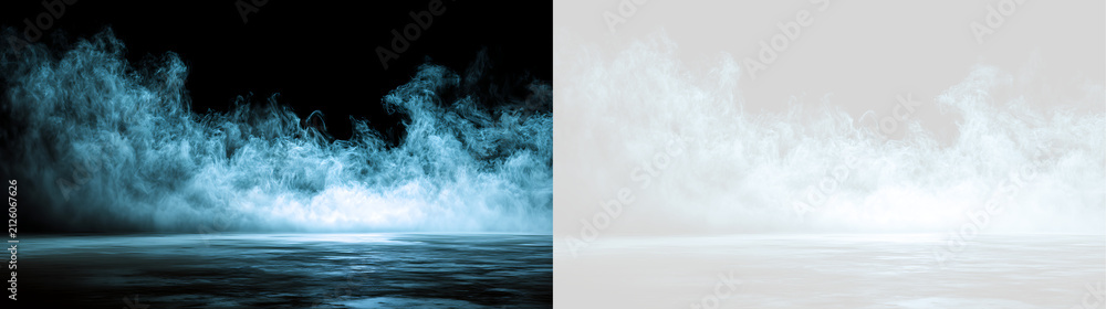 Obraz premium Illuminated blue fog mist rising over reflective dark ground. Spooky ice haze overlay on black and transparent background