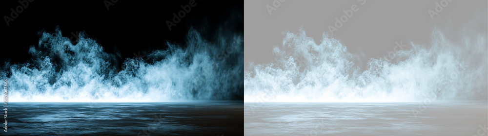 Fototapeta premium Low lying blue fog effect on wet dark ground. Isolated glowing cyan smoke overlay on transparent grid background