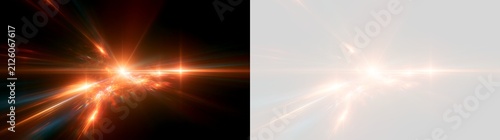 Sci-fi orange energy beam with glowing light flares and streaks. Abstract optical laser effect on black and transparent overlay
