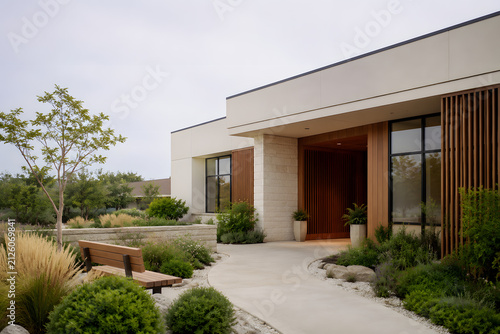Modern building entrance with wooden slat wall accents, concrete walkway, and garden.