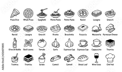 Fotografie SEO-Friendly Title:
Italian Food Line Icons Set with Traditional Cuisine Hand Dr