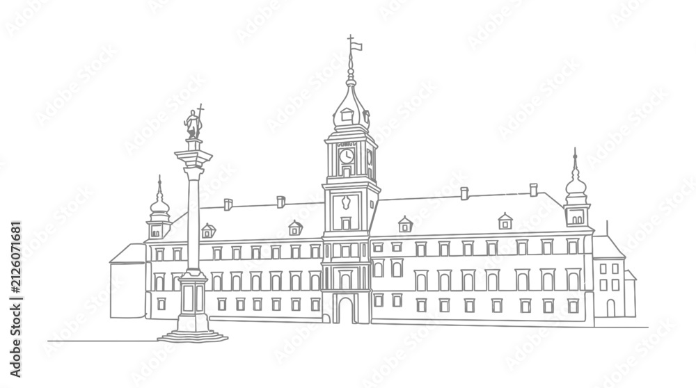 Fototapeta premium Minimalist Line Art Drawing of Royal Castle and Sigismund's Column in Warsaw, Poland