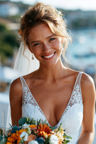 Magnificent beautiful bride portrait before the ceremony, delicate lace details, floral bouquet, bright warm season weather,
