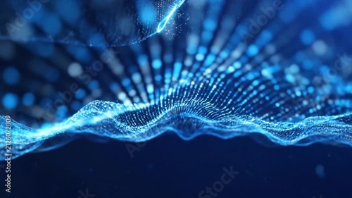 Abstract glowing digital particles form a flowing wave pattern