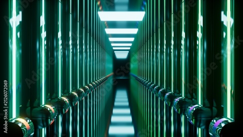 Long corridor with glowing green lights