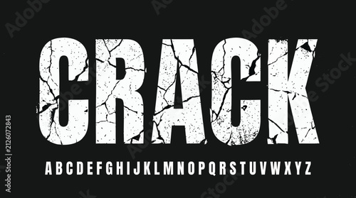 Distressed white letter style spelling 'CRACK' with cracked texture over a black backdrop and a clean alphabet, symbolizing strong impactful messaging and modern typography design