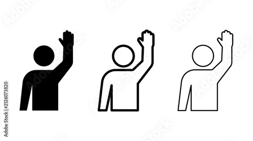 Vector icon set depicting a person raising their hand, presented in solid and outline styles on a white background, symbolizing participation and drawing attention