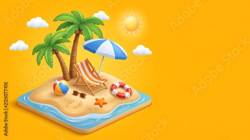 3D Isometric Tropical Beach Island with Palm Trees, Deck Chair and Umbrella on Yellow Background with Copy Space for Summer Vacation Travel Banner.