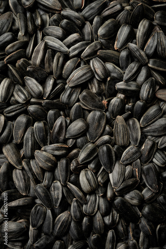 Roasted sunflower seeds with shell fill the entire frame. Healthy vegan snack packed with protein and vitamins. Great choice for diet food background presentation.