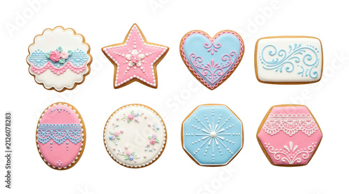 Set of colorful iced cookies with floral patterns and pink blue icing isolated on transparent background