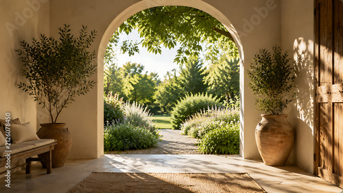 Sunlit Mediterranean interior opening to a lush garden with natural stone architecture, warm shadows and peaceful outdoor living atmosphere
