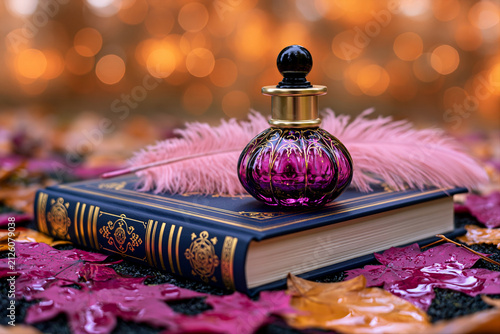 Purple glass vial with elixir of inspiration and pink writing feather lying on book against blurred autumn background. Authorship, alchemy concept. Still life fantasy composition for poster