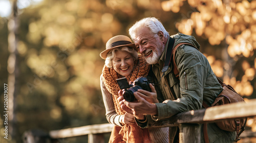 Autumn Couple Capturing Memories: An elderly couple, radiating happiness, explore a park in autumn, holding a camera and looking at a smartphone.