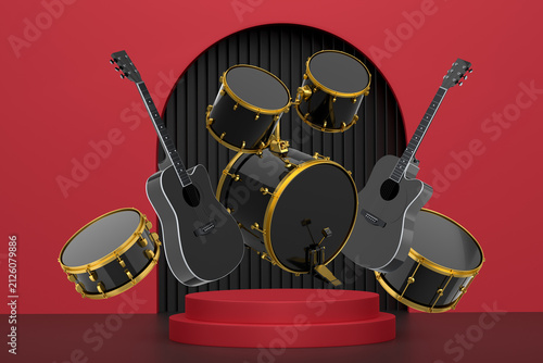 Set of electric guitars, acoustic guitar, and drum set suspended in air above podium, on a pastel colorful background