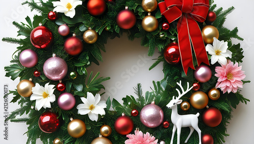 Christmas wreath with ornaments and a decorative deer figure illustration