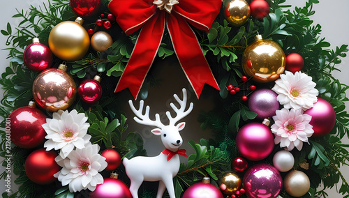 Christmas wreath with white reindeer and red ribbon bow illustration