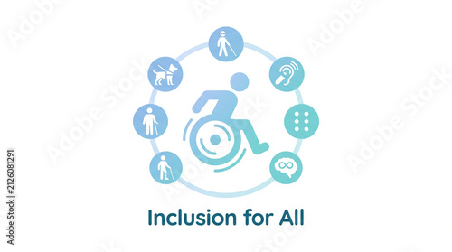 Accessibility and universal design concept featuring diverse disability awareness icons arranged in a circular pattern with representing different disabilities various symbols