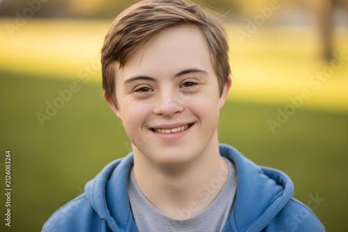 Young smiling boy with down syndrome feeling happy outdoors