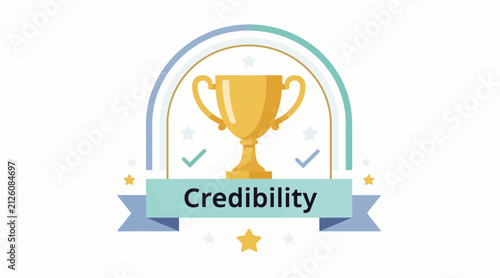 Golden Trophy with Credibility Text on Ribbon, Award Icon