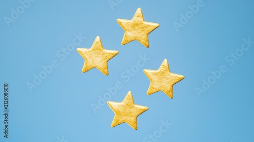 feedback. Golden stars floating against a gradient blue background, symbolizing abstract positive feedback. wellbeing guides, coaching materials, designed for coaching and self-improvement content.