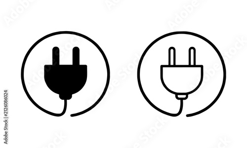 Electric plug outline and solid icon set, power connection symbol, energy socket vector illustration