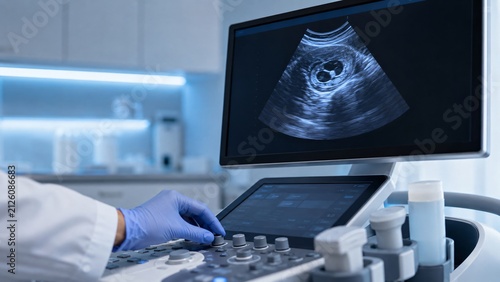 Doctor performing ultrasound examination on patient. Sonographer using medical equipment for prenatal screening. Clinical diagnostic procedure in hospital, pregnancy monitoring technology.