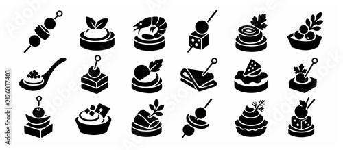 Black and white appetizer icons set for design.