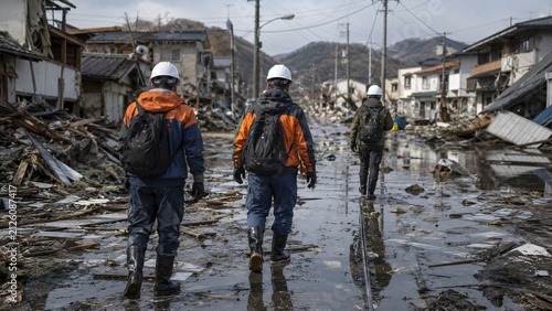 Rescue worker walking through ruined street in earthquake aftermath. Team of man in protective gear inspecting destruction of city after natural disaster. Recovery effort and crisis zone.