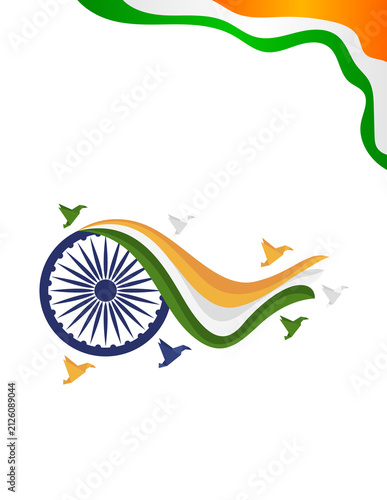 Indian Independence Day background. Tricolor flag design with Ashoka Chakra and birds.
