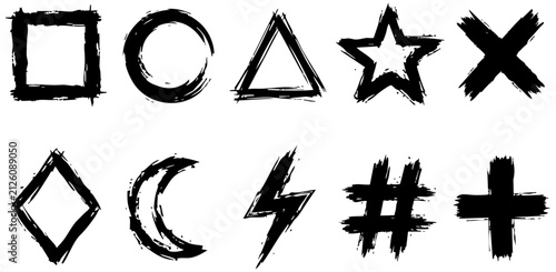 Artistic brush stroke vector graphic elements featuring basic geometric shapes in bold black ink artistic style