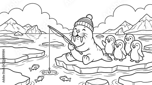 A cute walrus wearing a winter hat fishing on an ice floe with happy penguins in a snowy arctic landscape, black and white coloring page