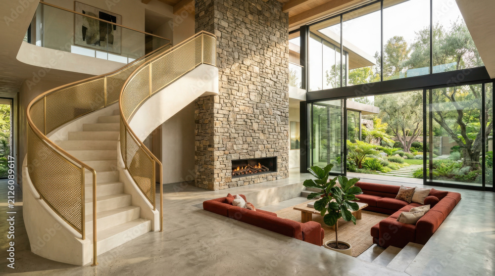 Obraz premium Spacious living room with curved staircase, stone fireplace, and sunken seating generated using ai