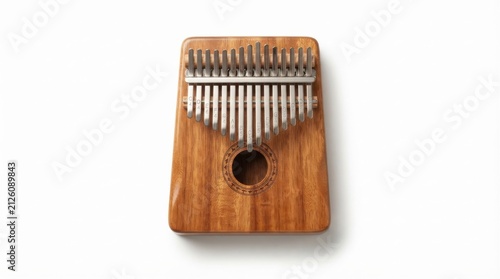 Handcrafted wooden kalimba musical instrument on display. African thumb piano with metal tines for soothing melodies and meditation music.
