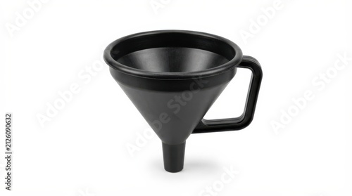 Black plastic oil funnel for automotive maintenance. Essential car engine fluid transfer tool with ergonomic handle.