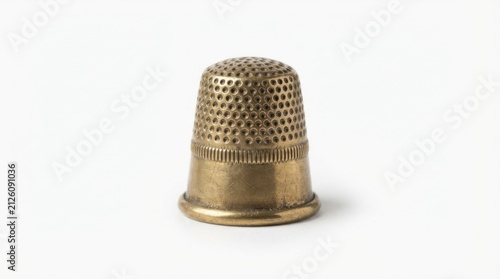 Gold metal sewing thimble for hand stitching. Protective tailor's finger shield with dimpled texture for grip.