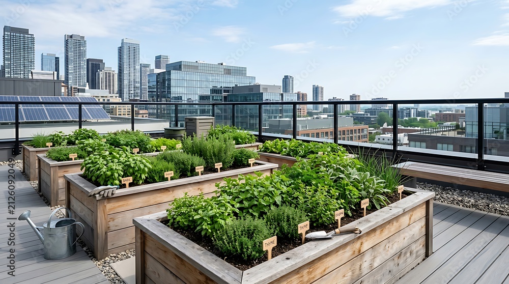 Fototapeta premium Rooftop garden with herbs and city skyline view