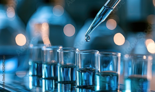 Droplet falling from pipette into row of vials filled with blue liquid