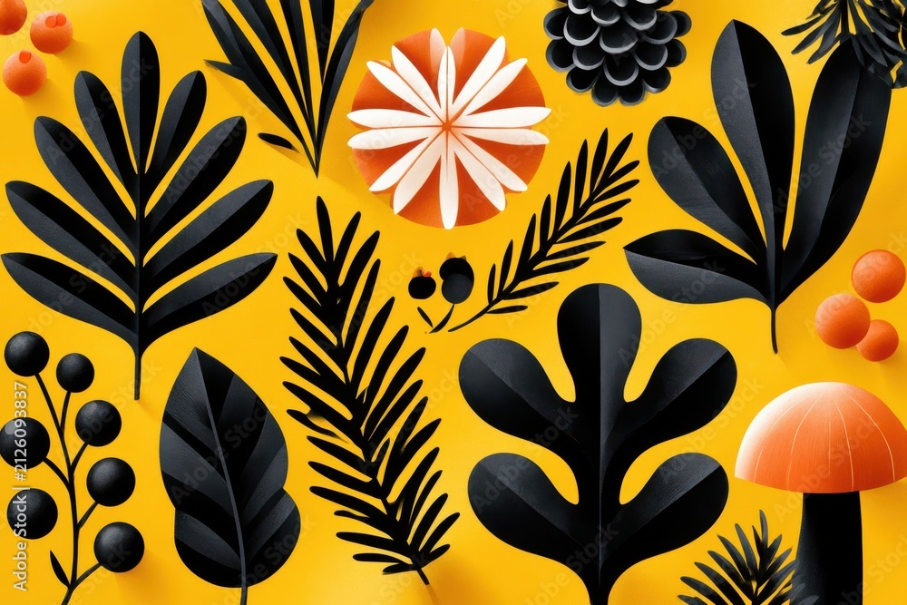 Abstract Nordic botanical pattern with black leaves orange flowers and yellow background