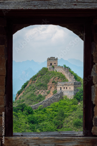 Jinshanling Great Wall Watchtowers Framed Through an Arched Stone Window at Daytime in Hebei, China
