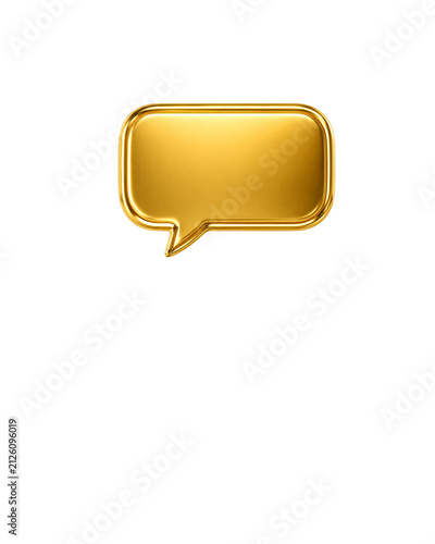 Golden speech bubble icon isolated on white. Minimalist 3D chat symbol for communication and messaging apps.