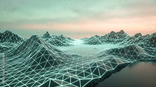 A glowing mint green wireframe grid forms rolling digital mountain terrain beneath a soft peach gradient horizon.