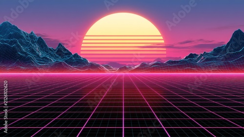 Retro futuristic landscape with neon grid mountains and setting sun