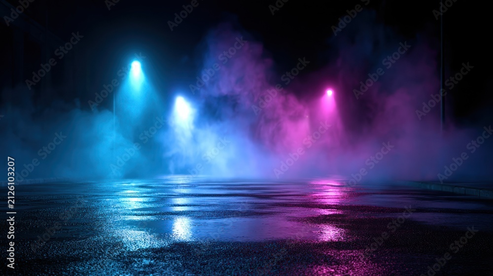 Obraz premium Neon stage lights in fog with wet asphalt reflection