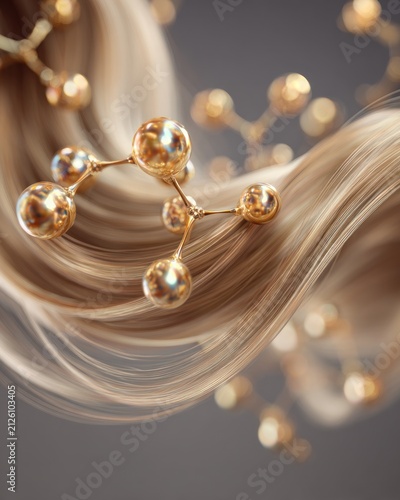 Golden molecular structure intertwined with flowing blonde hair