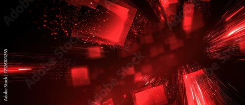 Abstract red geometric shapes exploding with light streaks and particles