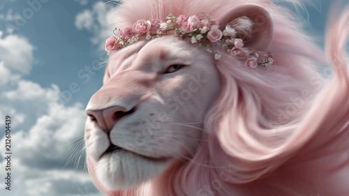 Majestic white lion with flowing pink mane wearing floral crown against dreamy sky in fantasy portrait