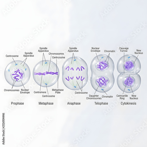 Scientific diagram of biological cell mitosis process phases with division, genetics